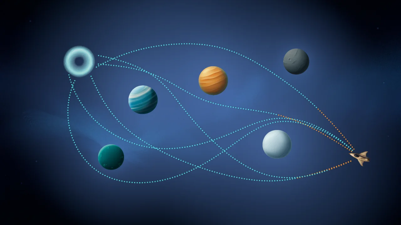 Six successful paths curve around five planets from the ship at lower right to the goal at upper left.