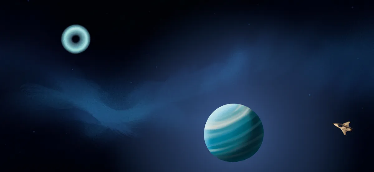 First Light: a ship on the right, a blue planet below, and a goal at the upper left.