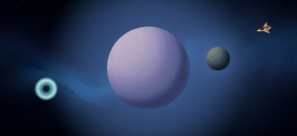 The Giant: a large violet planet and a small moon between the starting ship and the goal.